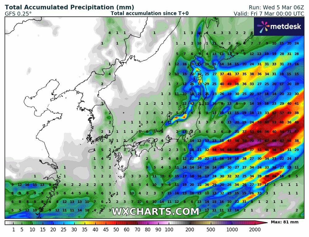 2025年3月6日 日本全国の降水量マップ