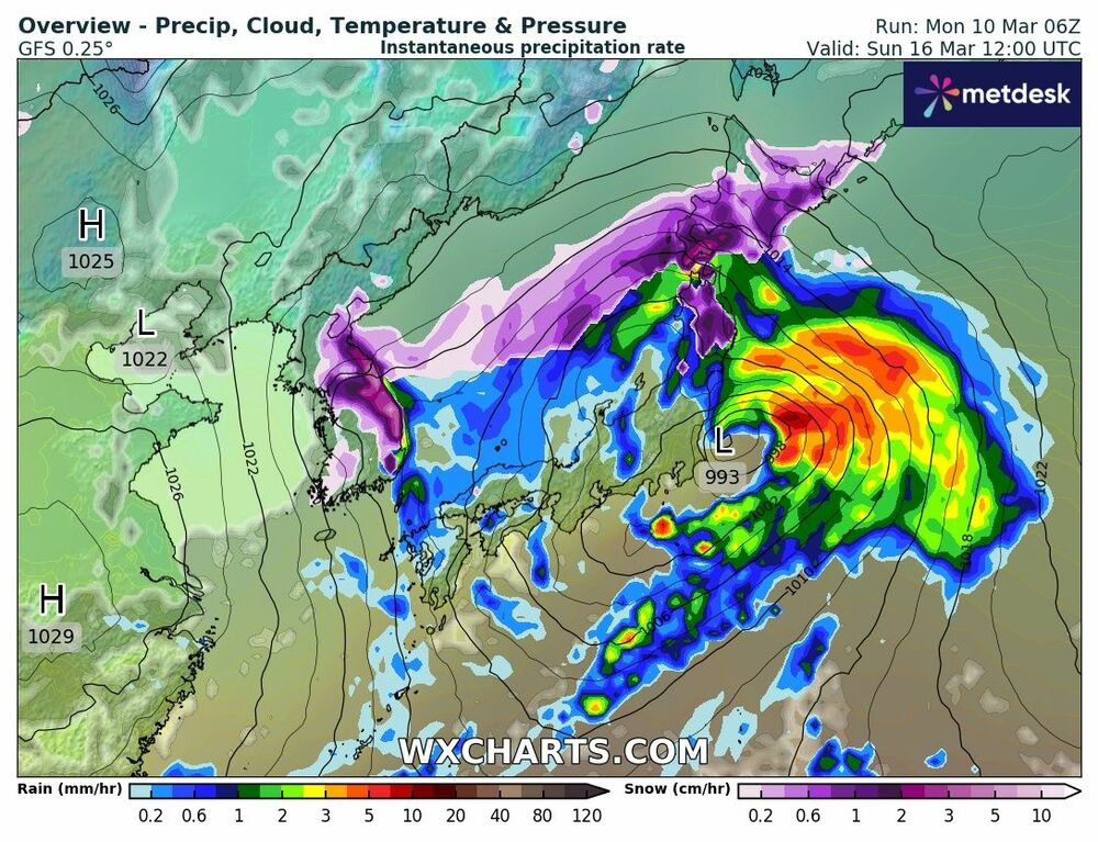 3月16日降雨予報マップ