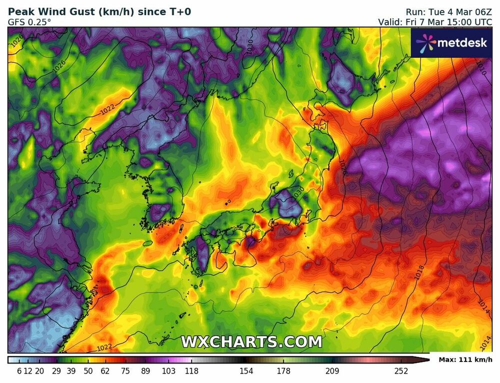 日本最大瞬間風速マップ：2025年3月4日～10日 – 台風・暴風リスクエリア