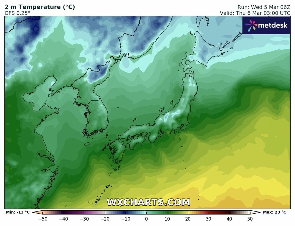 2025年3月5日 日本全国の最高気温マップ