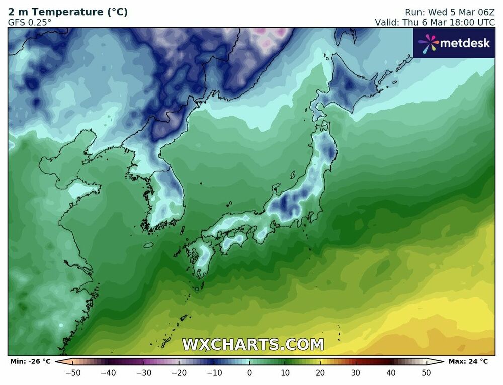 2025年3月6日 日本全国の最低気温マップ